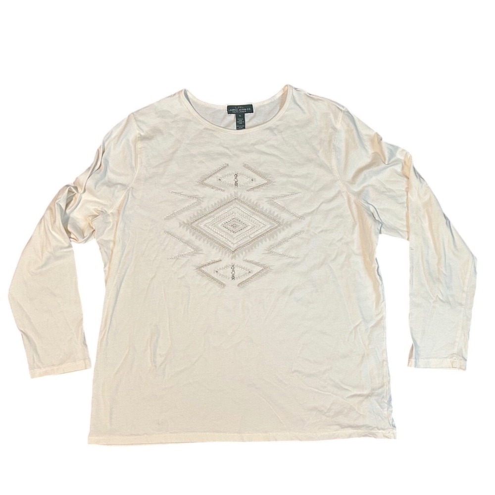 Lauren Ralph Lauren Cream Beaded Embroidered Southwestern Tee 1X Plus Size